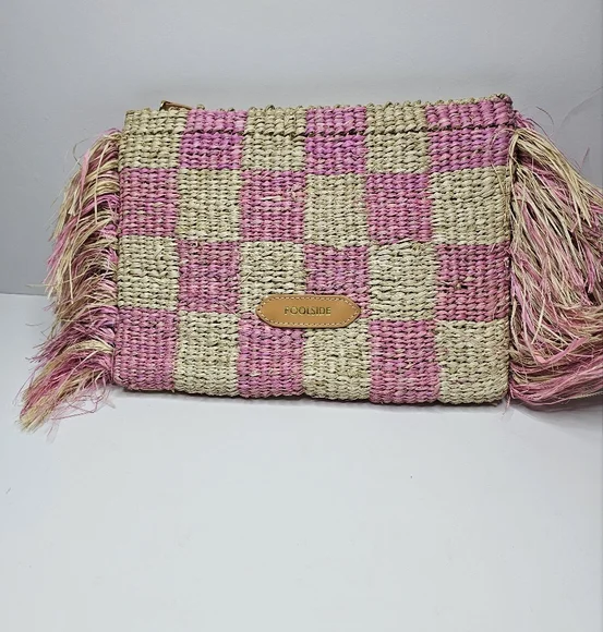 Poolside Clutch Natural/Pink Checkered Fringe Clutch Straw NWT Upcycled Organic - Picture 3 of 13